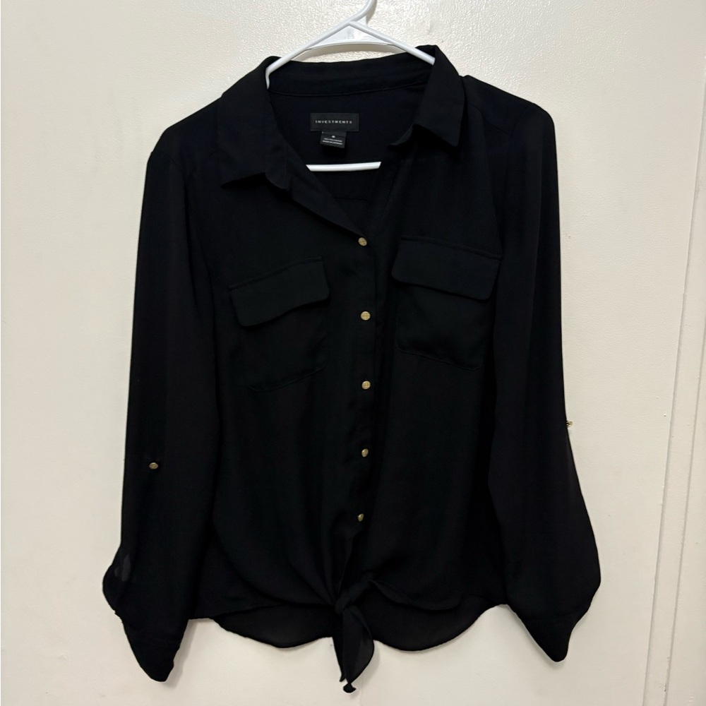 Investments Black Button Down Shirt with Notched Collar and Tie Front